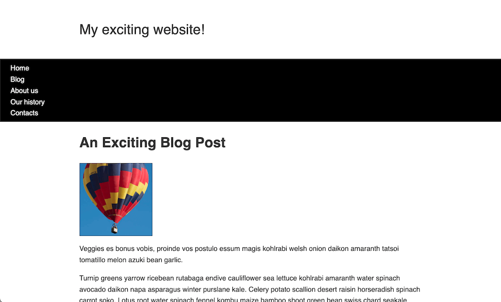 레이아웃 작업의 시작점입니다. 요소가 깔끔하게 배치되지 않았습니다. 왼쪽에 5개의 링크가 있는 검은색 네비게이션 바 위에 웹 사이트 제목이 있고, 그 뒤에 블로그 글 제목과 글 내용이 있습니다. 블로그 제목과 블로그 내용 사이에는 왼쪽 끝에 맞춰진 사진이 있습니다.