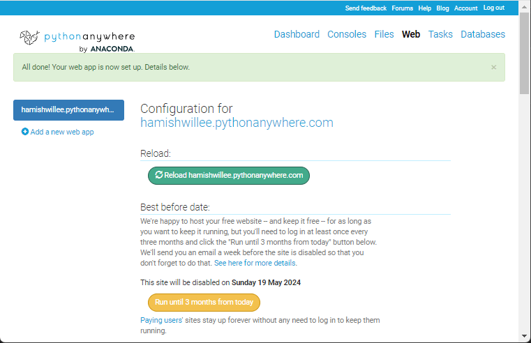 Konfigurierte Web-App von PythonAnywhere