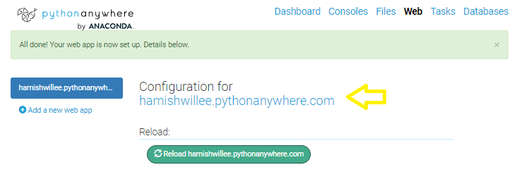 PythonAnywhere Webbildschirm mit dem Link, um die Seite zu starten, hervorgehoben
