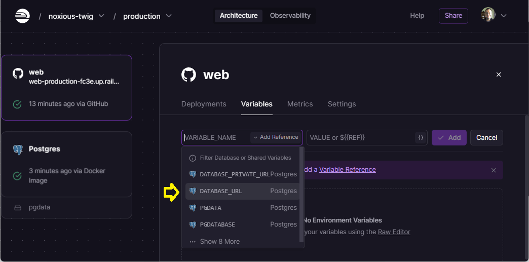 Bildschirm der Railway-Website zur Auswahl einer DATABASE_URL