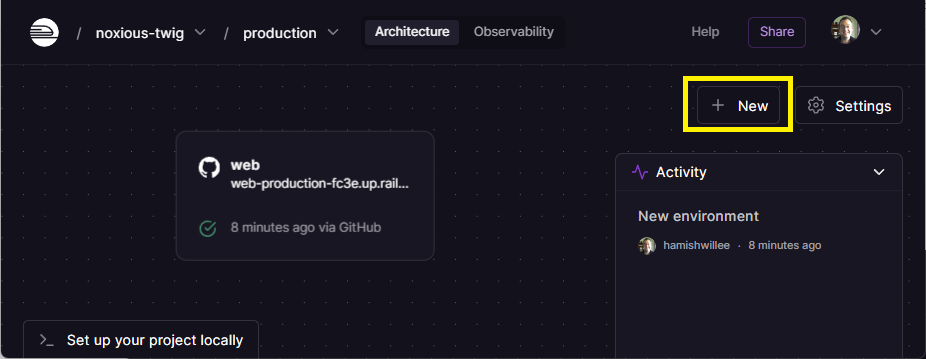 Railway Projekt mit hervorgehobener neuer Dienst-Schaltfläche
