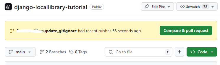 Banner, der fragt, ob der Benutzer den kürzlich aktualisierten Branch vergleichen und mergen möchte