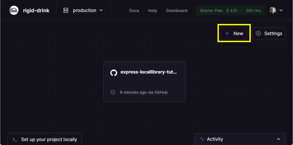 Railway-Projekt mit neuer Dienst-Schaltfläche hervorgehoben
