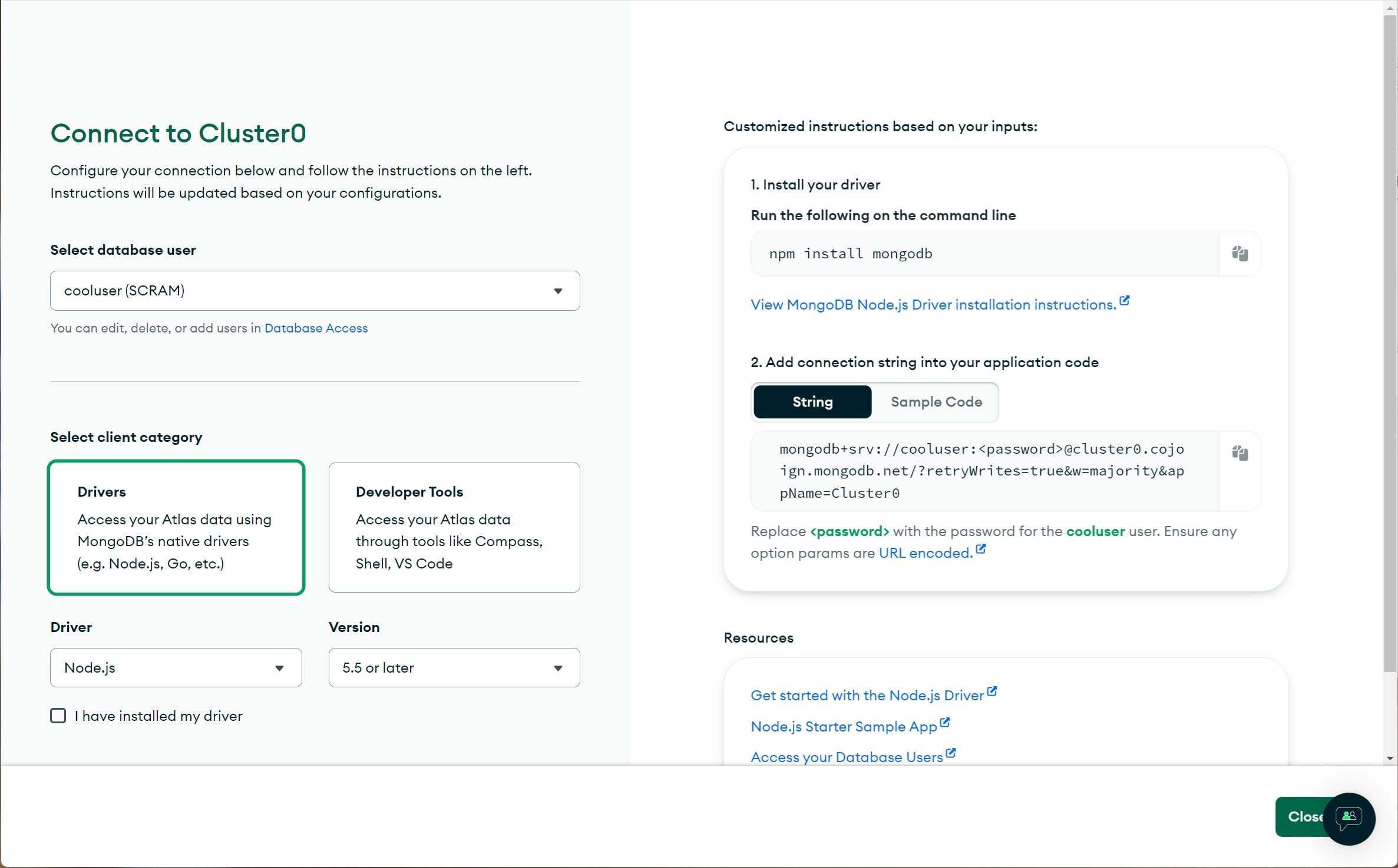 Choose the Short SRV connection when settinup a connection on MongoDB Atalas.