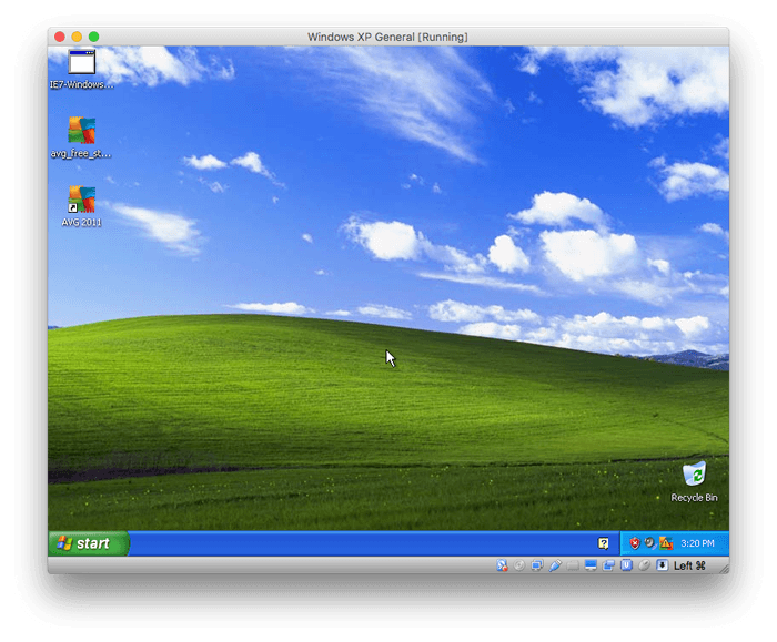 Screenshot von Windows XP, gehostet in einer Virtual Box und ausgeführt auf macOS