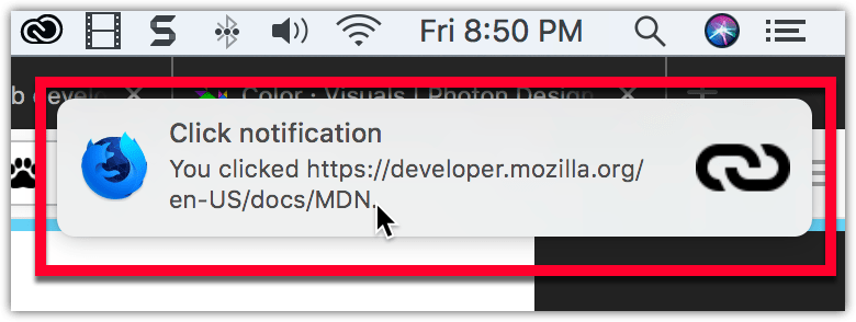 Beispiel einer Benachrichtigung auf macOS, unterhalb der Systemuhr, mit einem fettgedruckten Titel "Click notification", gefolgt von normalem Text "You clicked https://mdn.go-mizu.dev/de/docs/MDN". Die Benachrichtigung hat das Firefox-Nightly-Logo auf der linken Seite und ein Link-Symbol auf der rechten Seite.