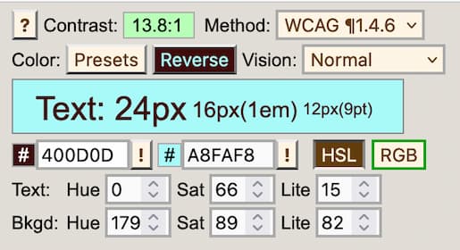 Farbpicker mit HSL und RGB, mit Kontrastwerten.
