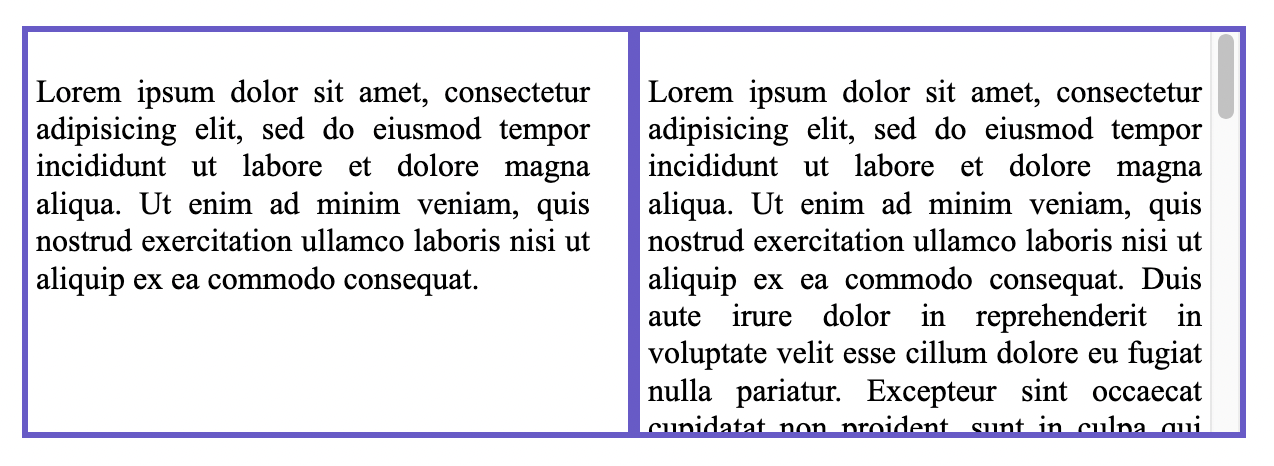Deux divs adjacents contenant du texte, tous deux avec un espace pour une barre de défilement