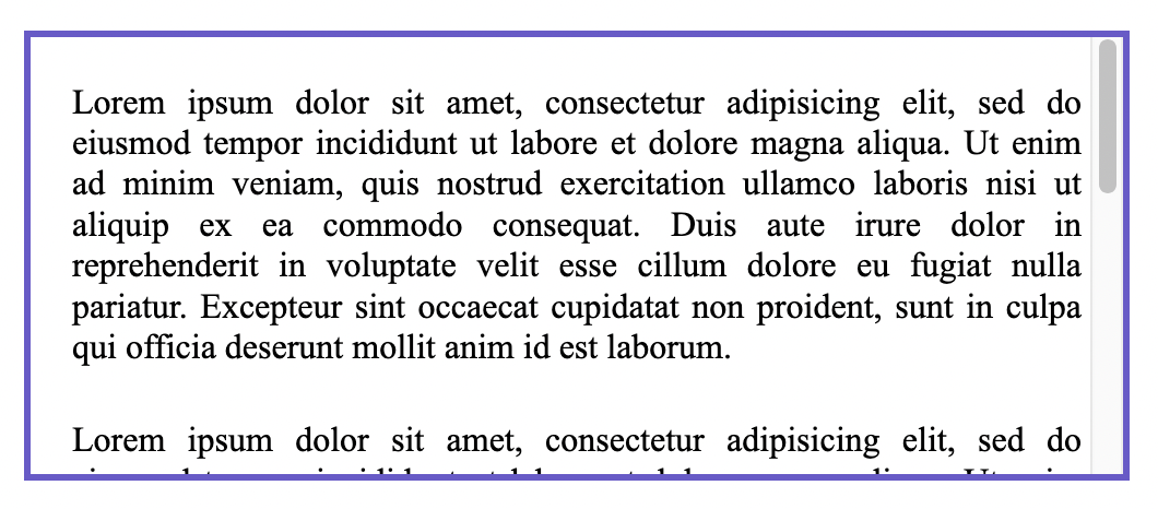 Un contenant un élément div avec un paragraphe de texte à l'intérieur, un espace à droite où se trouve la barre de défilement et un espace vide correspondant à gauche