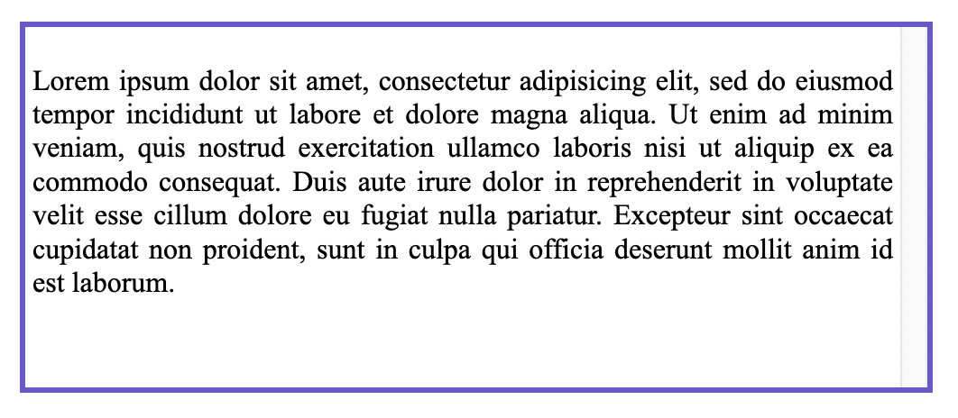 Un contenant un élément div avec un paragraphe de texte à l'intérieur et un espace à droite où se trouve la barre de défilement