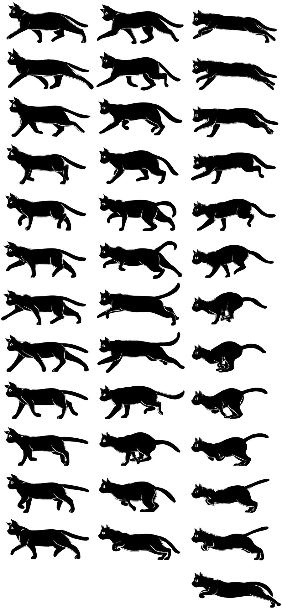 Ein Sprite-Sheet mit drei Spalten, jede Spalte enthält eine Sequenz von Bildern einer schwarzen Katze, die sich mit unterschiedlichem Tempo nach links bewegt. Jedes Sprite ist 300 Pixel breit und 150 Pixel hoch.