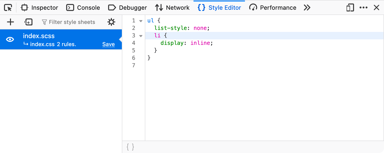 Firefox DevTools với tệp index.scss được mở trong style editor. Editor tập trung vào dòng thứ ba của code nguồn ở định dạng SCSS có lồng nhau.