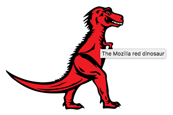 Ảnh chụp màn hình của Tyrannosaurus Rex màu đỏ với văn bản "The mozilla red dinosaur" được hiển thị như tooltip khi di chuyển chuột qua.