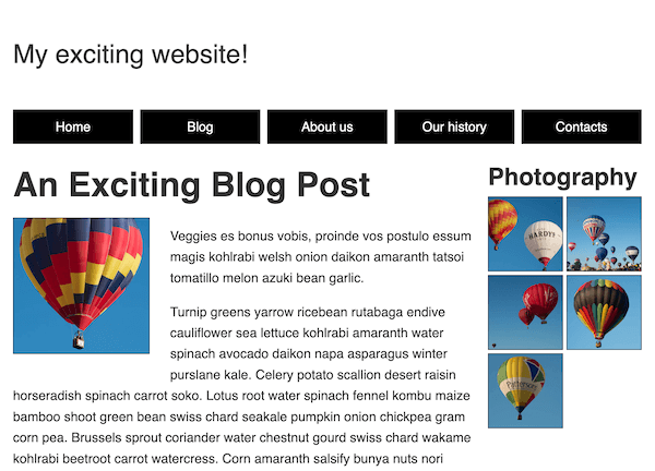 Trang web tác vụ rwd đã hoàn thành với bố cục trung gian. Logo ở đầu, theo sau là menu nav ngang, theo sau là hai cột, nội dung văn bản ở bên trái và thư viện ảnh ở bên phải.