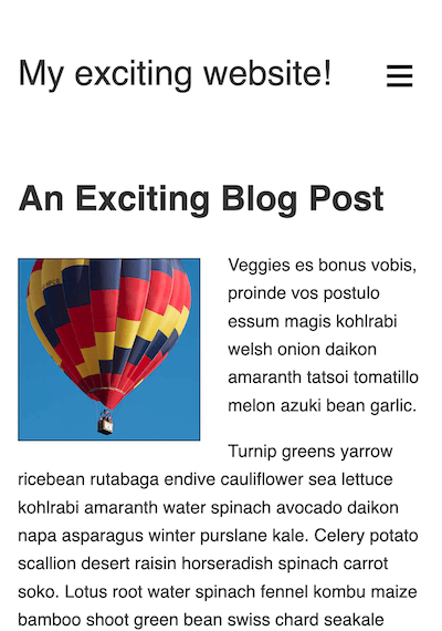 Điểm bắt đầu của tác vụ mobile-first. Bố cục một cột với logo ở đầu và biểu tượng menu hamburger, theo sau là tiêu đề cấp đầu, theo sau là nội dung văn bản với hình ảnh float.