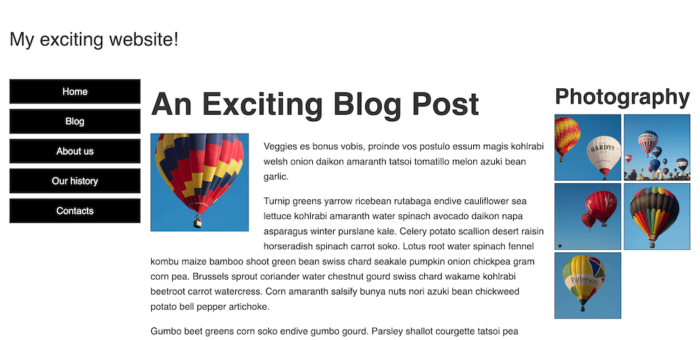 Trang web tác vụ rwd đã hoàn thành với bố cục màn hình rộng. Logo ở đầu, theo sau là ba cột, menu nav dọc ở bên trái, nội dung văn bản ở giữa và thư viện ảnh ở bên phải.