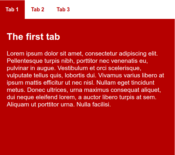 Tab 1 được chọn. 'Tab 2' và 'Tab 3' là hai tab còn lại. Chỉ nội dung của tab đã chọn mới hiển thị. Khi một tab được chọn, màu văn bản của nó thay đổi từ đen sang trắng và màu nền thay đổi từ đỏ cam sang nâu yên ngựa.
