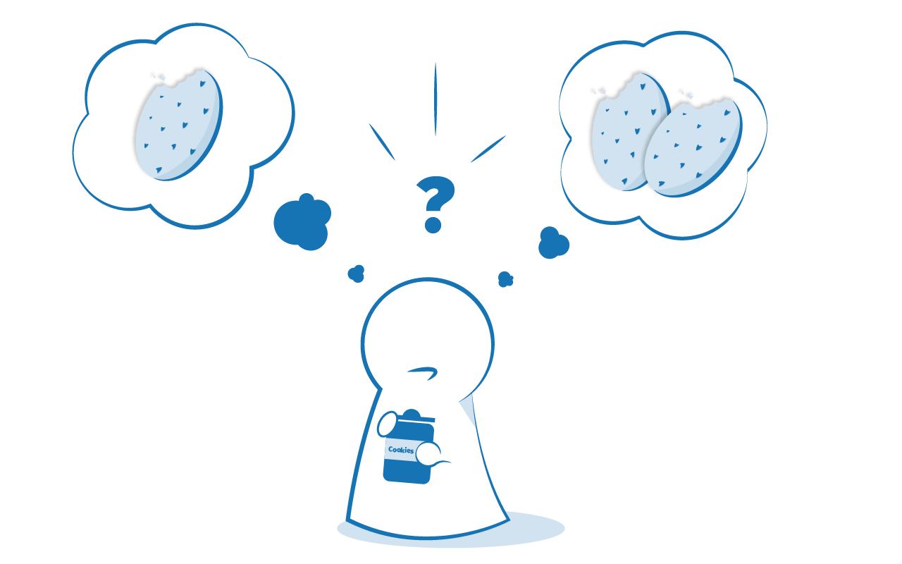 Một nhân vật hoạt hình giống người cầm một chiếc lọ bánh quy có nhãn 'Cookies'. Có một dấu hỏi phía trên đầu nhân vật. Có hai bong bóng hội thoại. Bong bóng bên trái có một chiếc bánh quy. Bong bóng bên phải có hai chiếc bánh quy. Kết hợp lại, điều này gợi ý rằng nhân vật đang cố gắng quyết định xem có nên ăn một hay hai chiếc bánh quy.