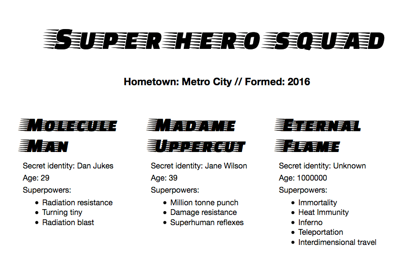 Hình ảnh một tài liệu có tiêu đề "Super hero squad" (theo phông chữ lạ mắt) và phụ đề "Hometown: Metro City // Formed: 2016". Ba cột bên dưới tiêu đề được đặt tiêu đề "Molecule Man", "Madame Uppercut", và "Eternal Flame", tương ứng. Mỗi cột liệt kê tên danh tính bí mật, tuổi và siêu năng lực của anh hùng.