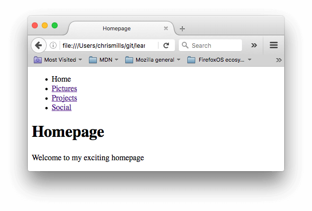 Một ví dụ về menu điều hướng HTML đơn giản, với các mục menu home, pictures, projects và social