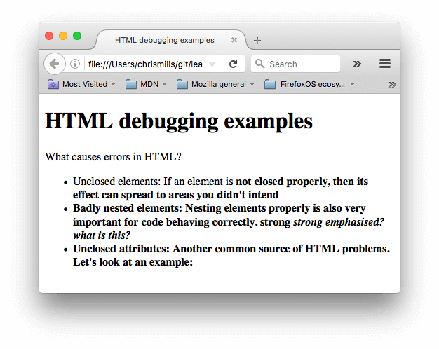 Một tài liệu HTML đơn giản với tiêu đề HTML debugging examples, và một số thông tin về các lỗi HTML phổ biến, như các phần tử chưa đóng, các phần tử được lồng không đúng cách và các thuộc tính chưa đóng.