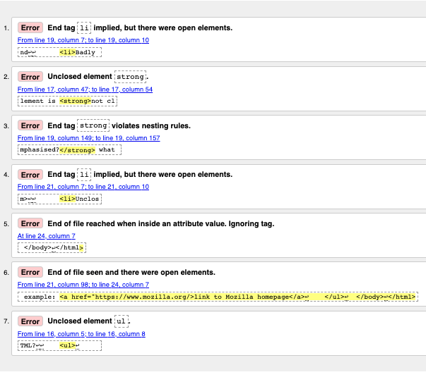 Danh sách kết quả xác thực HTML từ dịch vụ xác thực đánh dấu W3C