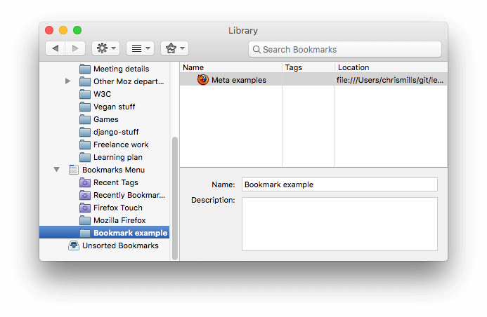 Bảng đánh dấu Firefox, hiển thị một ví dụ được đánh dấu với favicon được hiển thị bên cạnh nó.