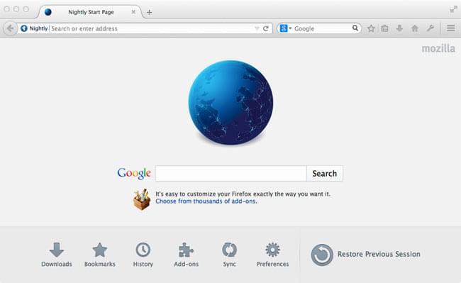 Ví dụ về Firefox Nightly hiển thị trang Google tùy chỉnh làm trang mặc định
