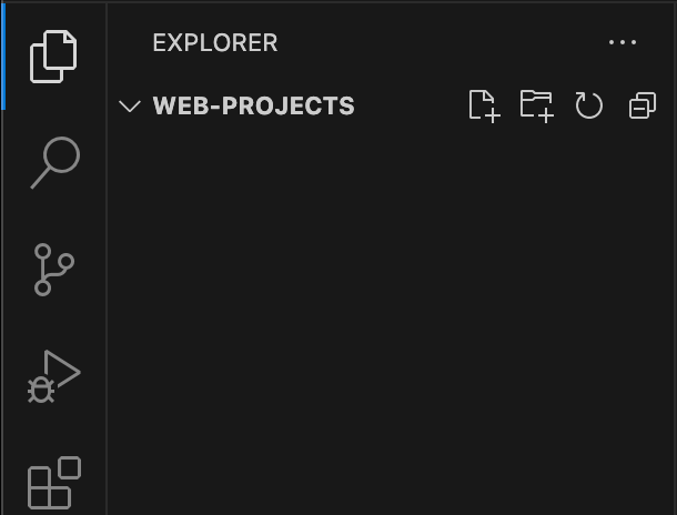 Ngăn Explorer của VS Code, hiển thị thư mục rỗng tên web-projects