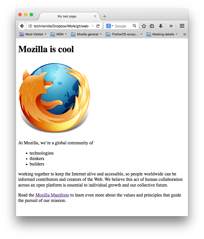 Ảnh chụp màn hình trang web hiển thị logo Firefox, tiêu đề có chữ Mozilla is cool, và hai đoạn văn chứa văn bản mẫu