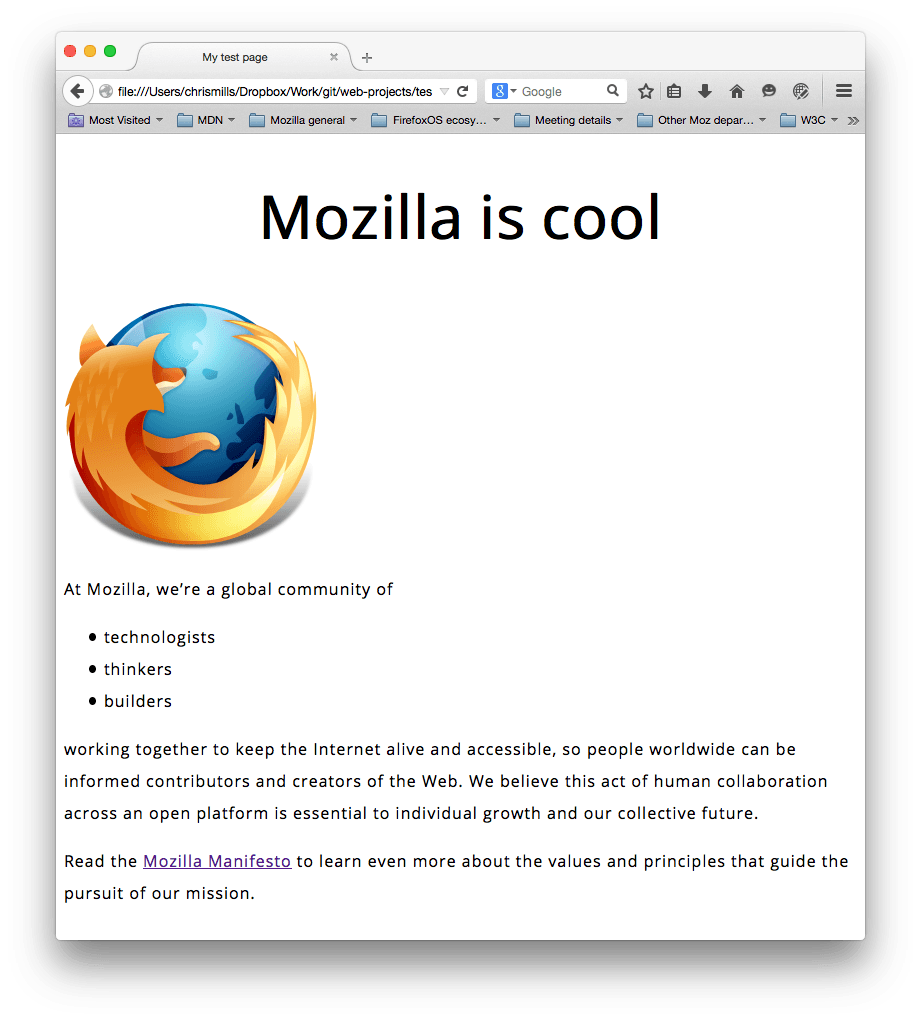 Logo Mozilla và một số đoạn văn. Phông chữ sans-serif đã được đặt, cỡ chữ, chiều cao dòng và khoảng cách chữ được điều chỉnh, và tiêu đề trang chính đã được căn giữa