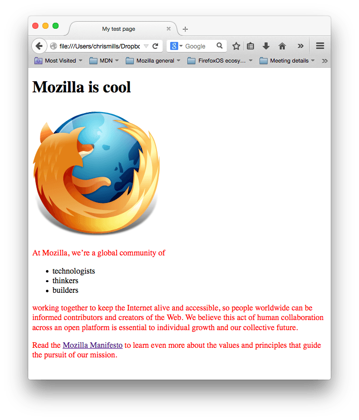 Logo Mozilla và một số đoạn văn. Văn bản đoạn văn đã được tạo kiểu màu đỏ bởi CSS của chúng ta.
