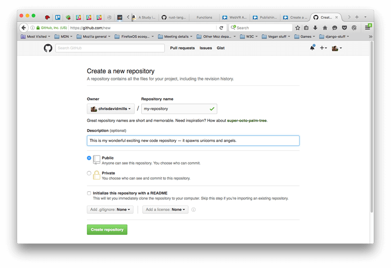 Trang kho lưu trữ mới được mở trong trình duyệt, ô nhập tên chủ sở hữu và tên kho lưu trữ đã được điền, cũng như ô mô tả tùy chọn. Hộp kiểm công khai được chọn, hộp kiểm riêng tư không được chọn, tương tự với hộp kiểm khởi tạo kho lưu trữ này với readme.