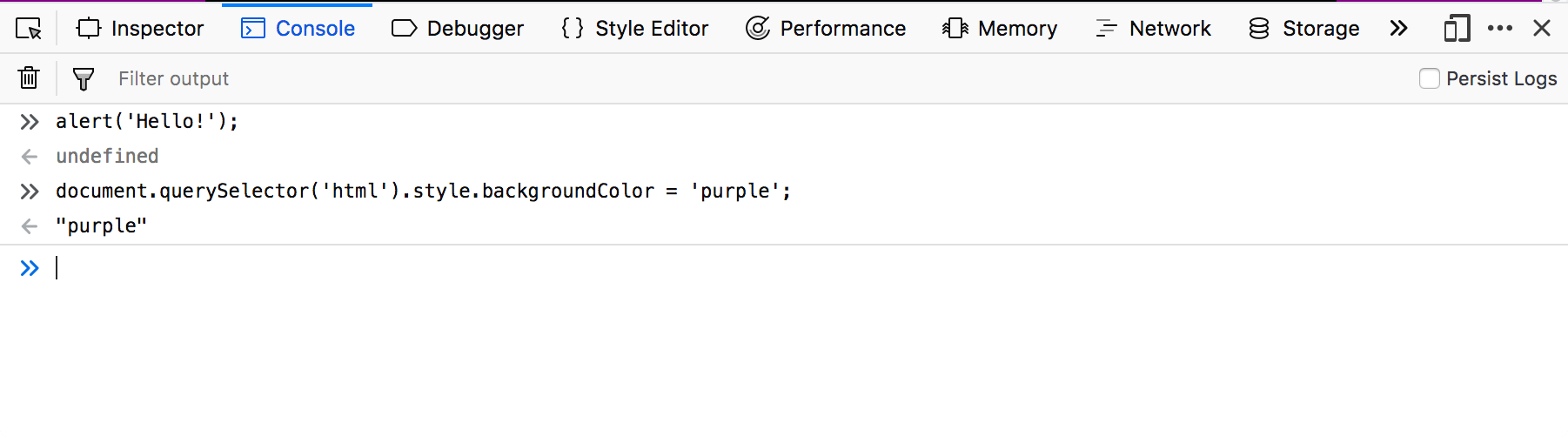 Tab Console của công cụ dành cho nhà phát triển trình duyệt. Hai hàm JavaScript đã được thực thi trong bảng điều khiển. Người dùng nhập các hàm, và bảng điều khiển hiển thị các giá trị trả về.