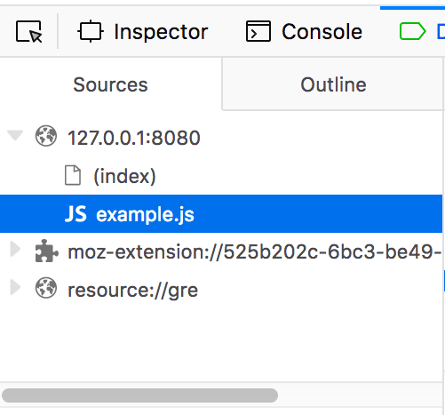 Đoạn của ngăn nguồn của tab gỡ lỗi trong công cụ dành cho nhà phát triển trình duyệt. Các tệp liên quan đến trang hiện tại bạn đang gỡ lỗi có thể thấy trong thư mục có tên giống với URL của trang đang mở trong tab trình duyệt hiện tại.