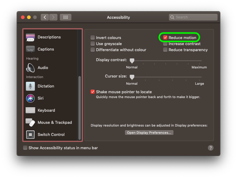 Ảnh chụp màn hình cho thấy cách giảm chuyển động trên macOS