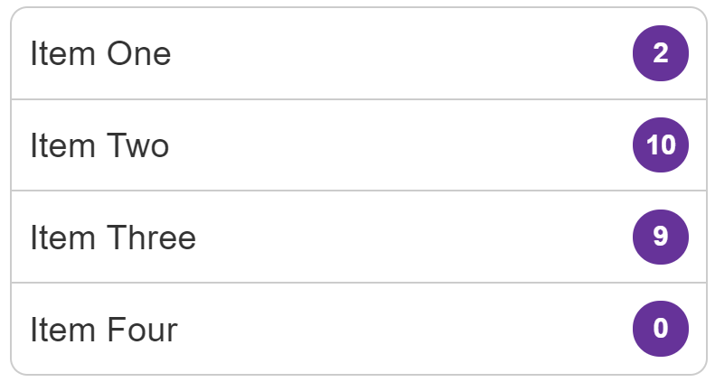 Danh sách các mục với huy hiệu chỉ số đếm được hiển thị bên phải văn bản.