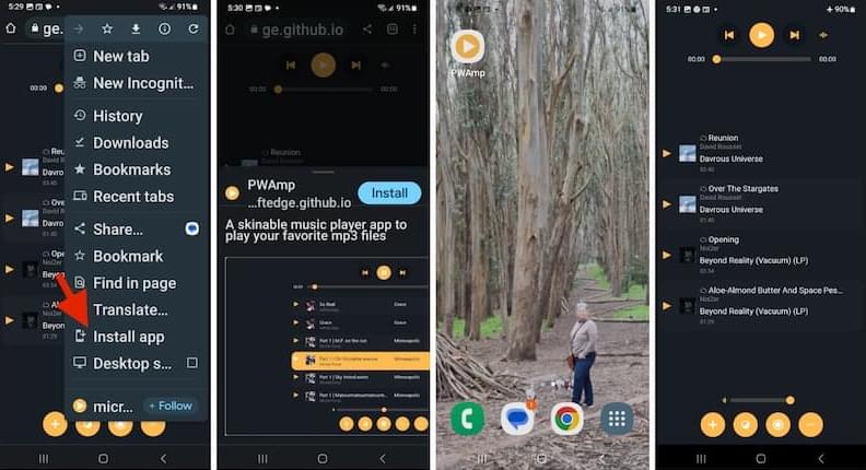 Cài đặt PWA trên Chrome cho Android, với xác nhận, biểu tượng màn hình chính, và trải nghiệm ngoại tuyến.