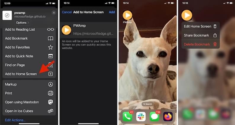iPhone thêm vào màn hình chính, prompt cài đặt, biểu tượng, và chức năng xóa.