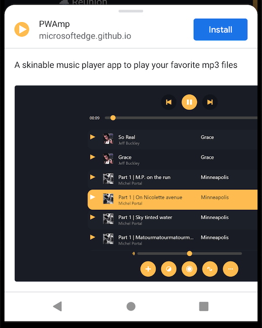 Prompt cài đặt PWAmp trên Android