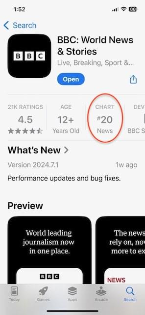 Tổng quan ứng dụng BBC trong Apple App Store. Trường CHART được khoanh đỏ để hiển thị danh mục News.