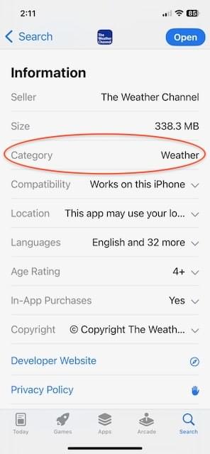 Phần Information của ứng dụng Weather với trường Category được khoanh đỏ hiển thị Weather