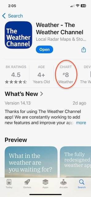 Tổng quan ứng dụng Weather trong Apple App Store. Trường CHART được khoanh đỏ để hiển thị danh mục Weather