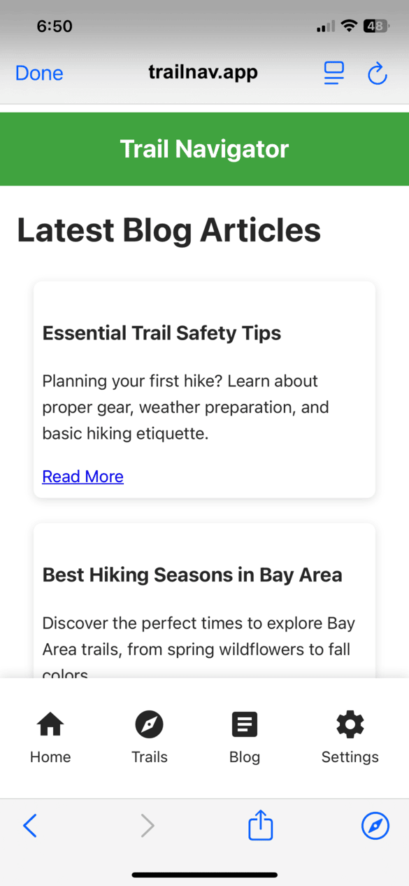 Trang blog hiển thị địa chỉ website và điều khiển trình duyệt trong khi vẫn giữ giao diện giống ứng dụng