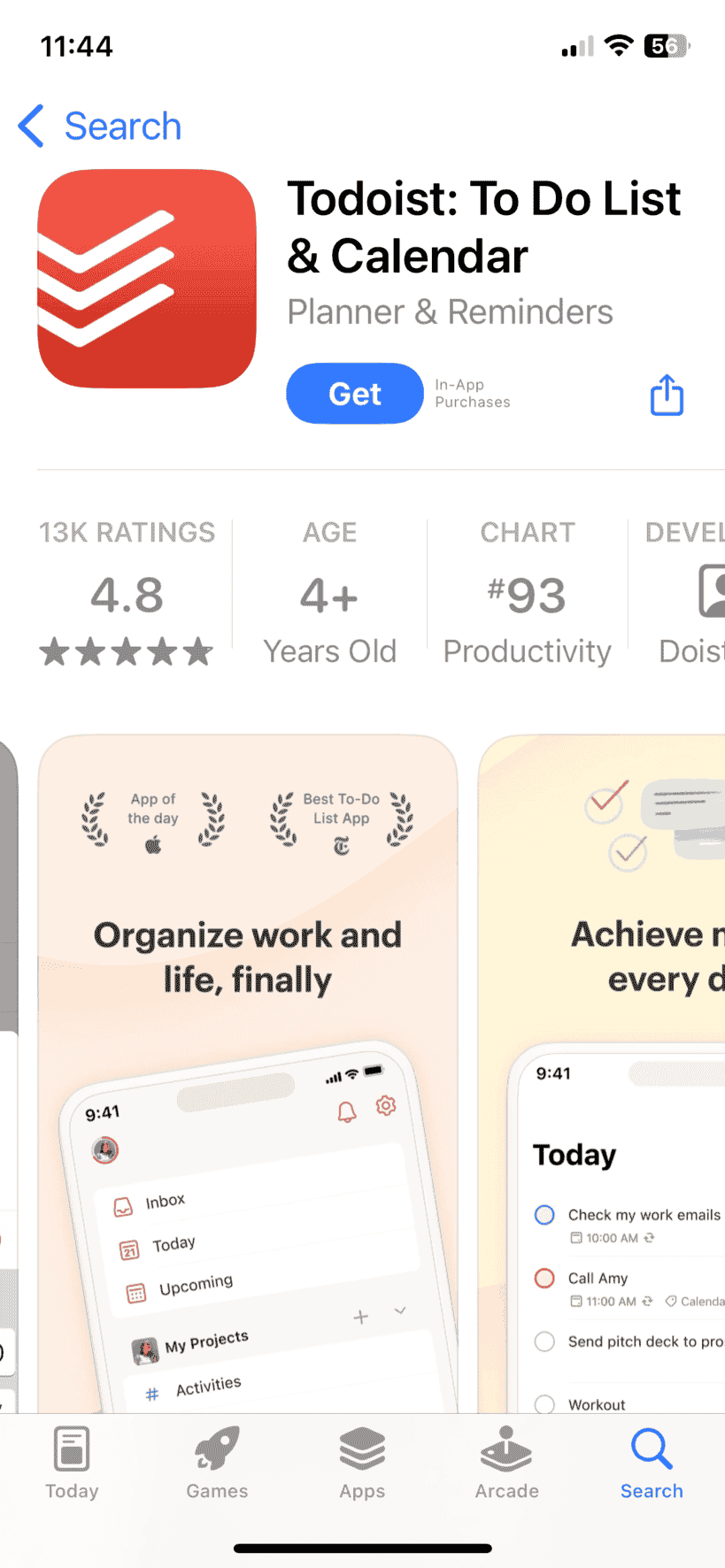 Ứng dụng Todoist trong Apple App Store hiển thị một thư viện ảnh ứng dụng có thể cuộn ngang