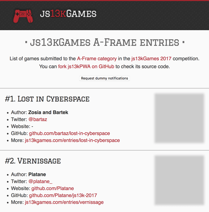 Ảnh chụp các ảnh giữ chỗ trong ứng dụng js13kPWA.