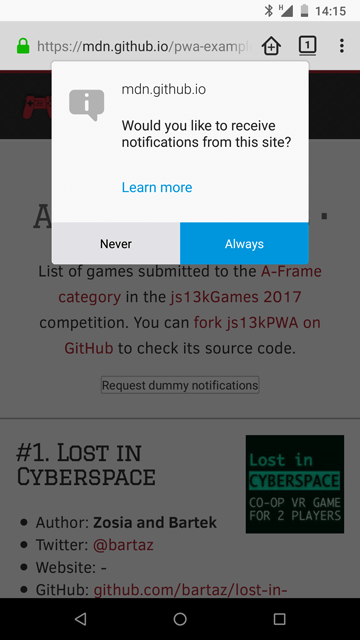 Thông báo của js13kPWA.